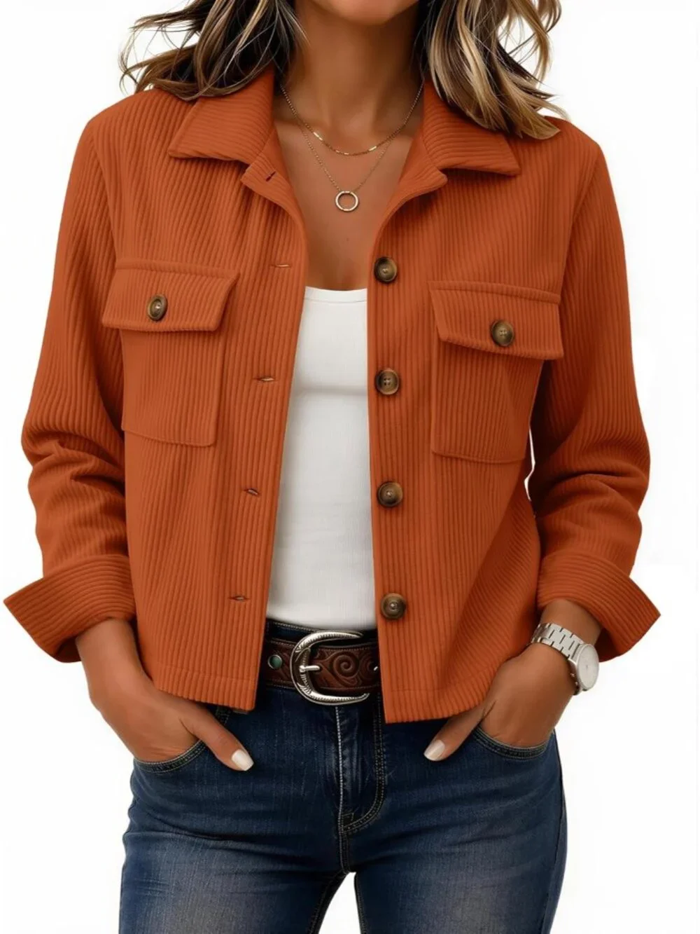 Women's Caramel Fashion Cropped Corduroy Button Down Long Sleeve Trendy Jacket